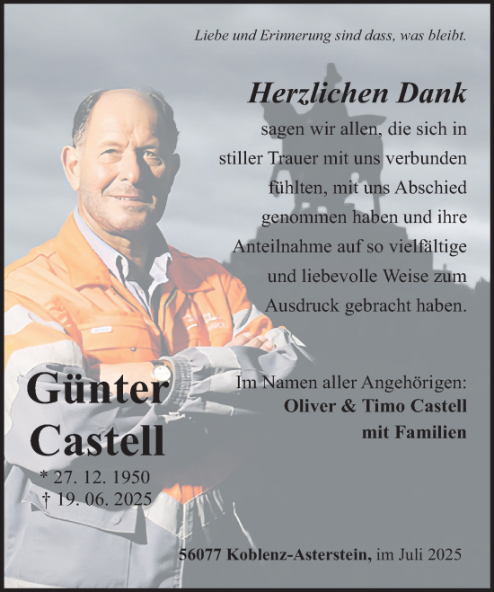 Traueranzeige von Günter Castell von Rhein-Zeitung