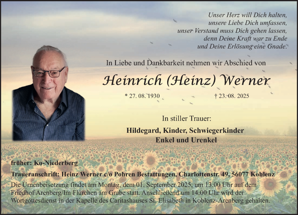  Traueranzeige für Heinrich Werner vom 30.08.2025 aus Rhein-Zeitung