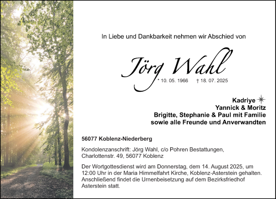 Traueranzeige von Jörg Wahl von Rhein-Zeitung