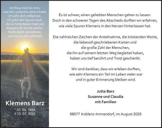 Traueranzeige von Klemens Barz von Rhein-Zeitung