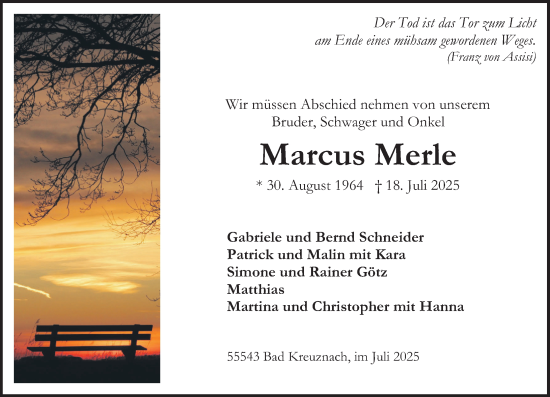 Traueranzeige von Marcus Merle von Oeffentlicher Anzeiger