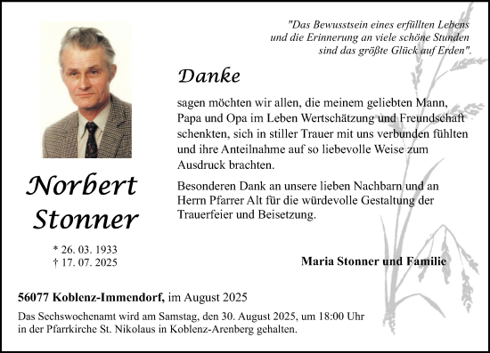 Traueranzeige von Norbert Stonner von Rhein-Zeitung
