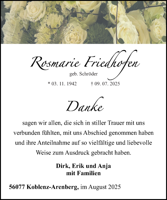 Traueranzeige von Rosmarie Friedhofen von Rhein-Zeitung