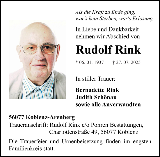 Traueranzeige von Rudolf Rink von Rhein-Zeitung