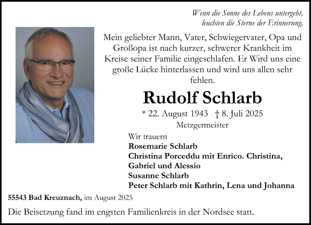  Traueranzeige für Rudolf Schlarb vom 23.08.2025 aus Oeffentlicher Anzeiger