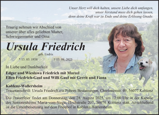 Traueranzeige von Ursula Friedrich von Rhein-Zeitung