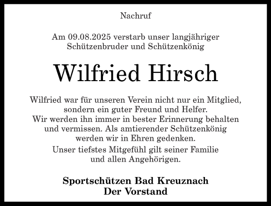 Traueranzeige von Wilfried Hirsch von Oeffentlicher Anzeiger