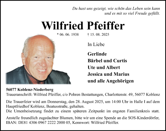Traueranzeige von Wilfried Pfeiffer von Rhein-Zeitung