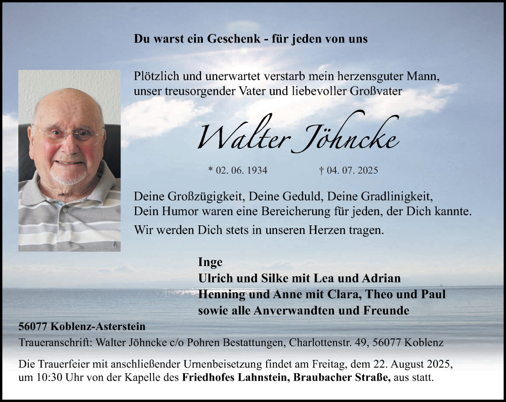  Traueranzeige für Willer Jöhncke vom 16.08.2025 aus Rhein-Zeitung