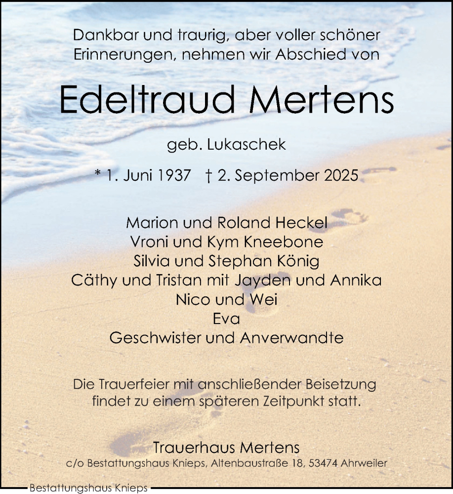  Traueranzeige für Edeltraud Mertens vom 20.09.2025 aus Rhein-Zeitung