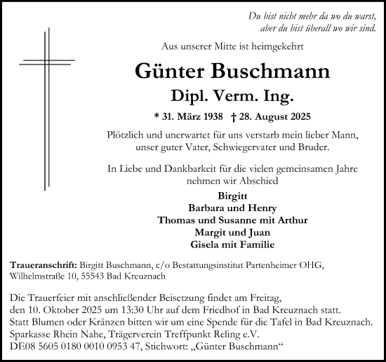 Traueranzeige von Günter Buschmann von Oeffentlicher Anzeiger