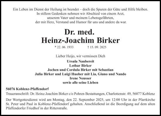 Traueranzeige von Heinz-Joachim Birker von Rhein-Zeitung