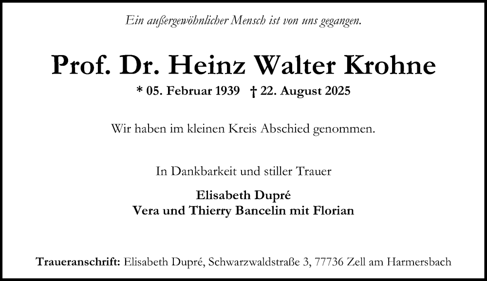  Traueranzeige für Heinz Walter Krohne vom 20.09.2025 aus Oeffentlicher Anzeiger