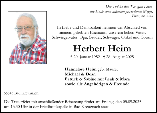 Traueranzeige von Herbert Heim von Oeffentlicher Anzeiger