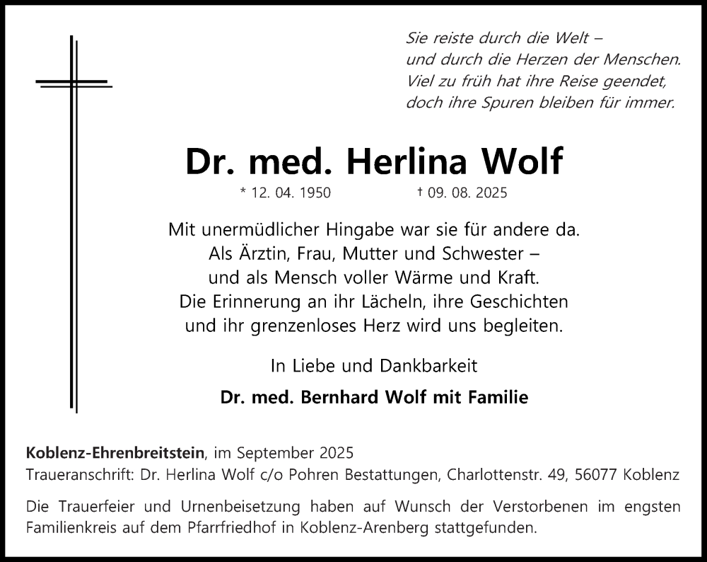  Traueranzeige für Herlina Wolf vom 27.09.2025 aus Rhein-Zeitung