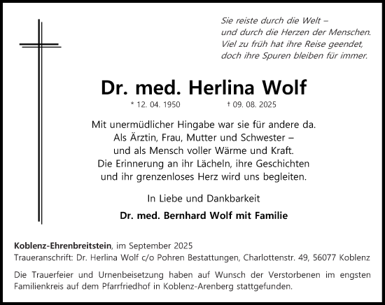 Traueranzeige von Herlina Wolf von Rhein-Zeitung