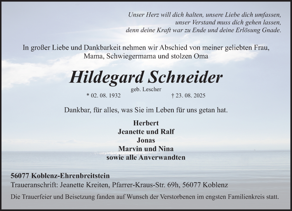  Traueranzeige für Hildegard Schneider vom 06.09.2025 aus Rhein-Zeitung