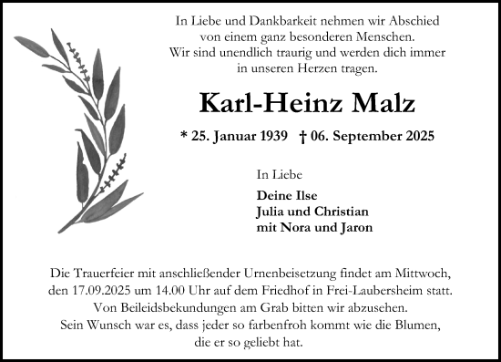 Traueranzeige von Karl-Heinz Malz von Oeffentlicher Anzeiger