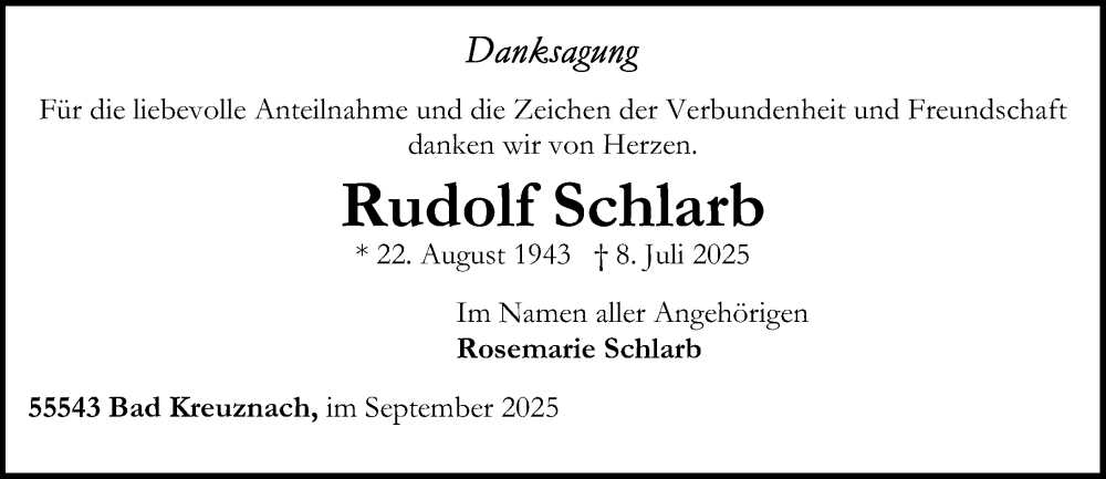  Traueranzeige für Rudolf Schlarb vom 06.09.2025 aus Oeffentlicher Anzeiger