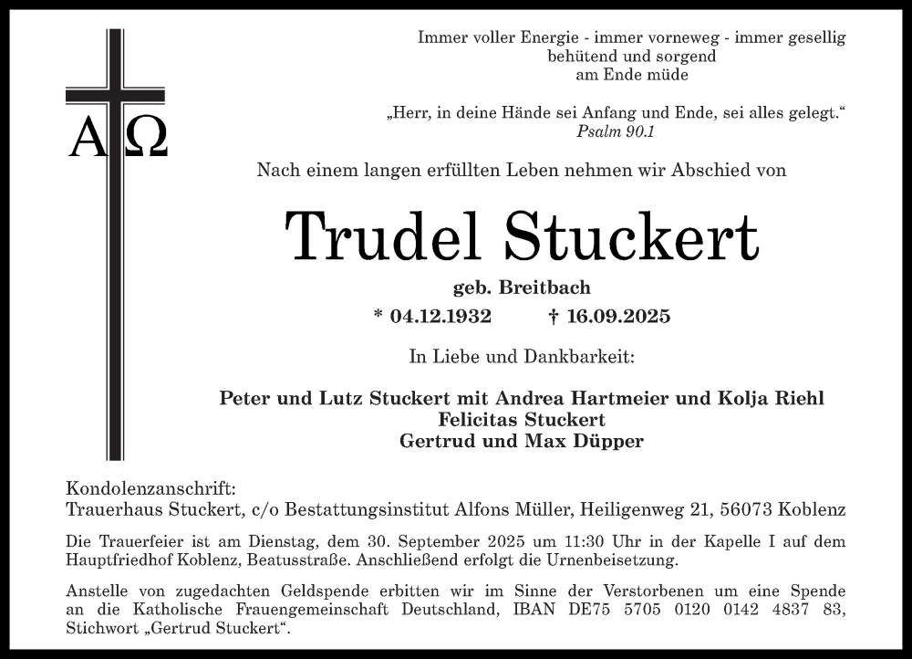  Traueranzeige für Trudel Stuckert vom 27.09.2025 aus Rhein-Zeitung