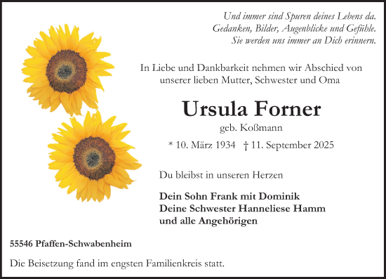 Traueranzeige von Ursula Forner von Oeffentlicher Anzeiger