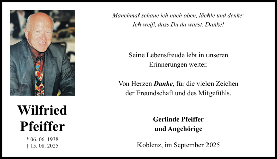 Traueranzeige von Wilfried Pfeiffer von Rhein-Zeitung