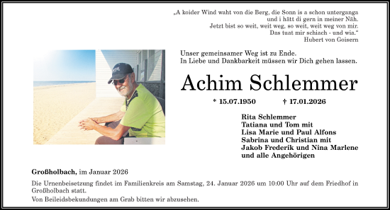 Traueranzeige von Achim Schlemmer von Westerwälder Zeitung