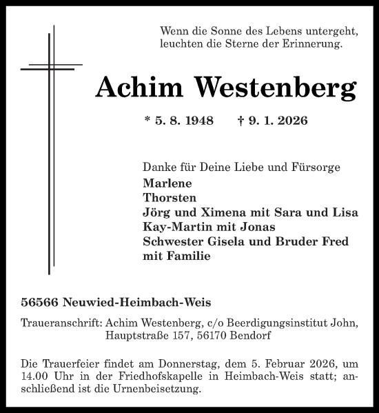 Traueranzeige von Achim Westenberg von Rhein-Zeitung, Rhein-Lahn-Zeitung