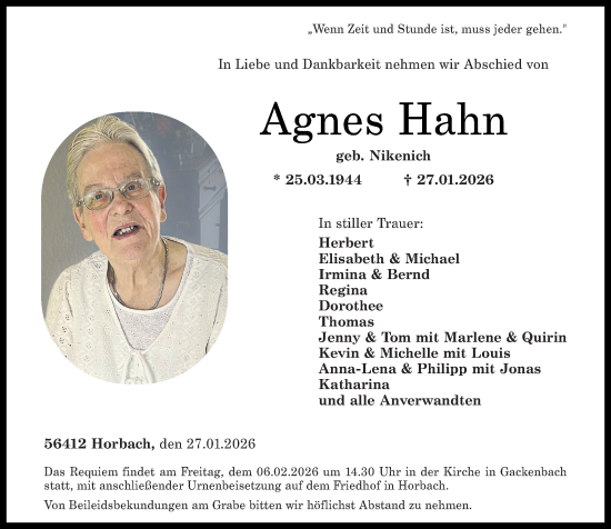 Traueranzeige von Agnes Hahn von Westerwälder Zeitung, Rhein-Zeitung