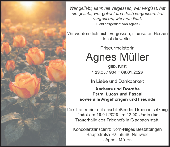 Traueranzeige von Agnes Müller von Rhein-Zeitung