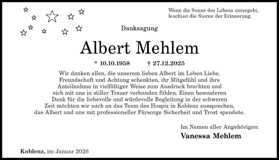 Traueranzeige von Albert Mehlem von Rhein-Zeitung