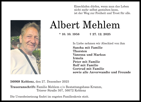 Traueranzeige von Albert Mehlem von Rhein-Zeitung