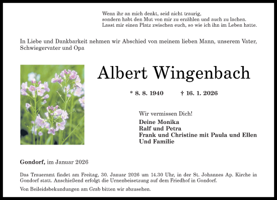 Traueranzeige von Albert Wingenbach von Rhein-Zeitung