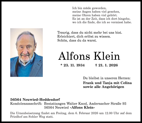 Traueranzeige von Alfons Klein von Rhein-Zeitung