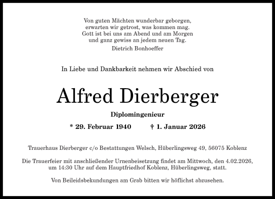 Traueranzeige von Alfred Dierberger von Rhein-Zeitung