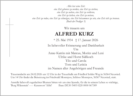 Traueranzeige von Alfred Kurz von Rhein-Zeitung