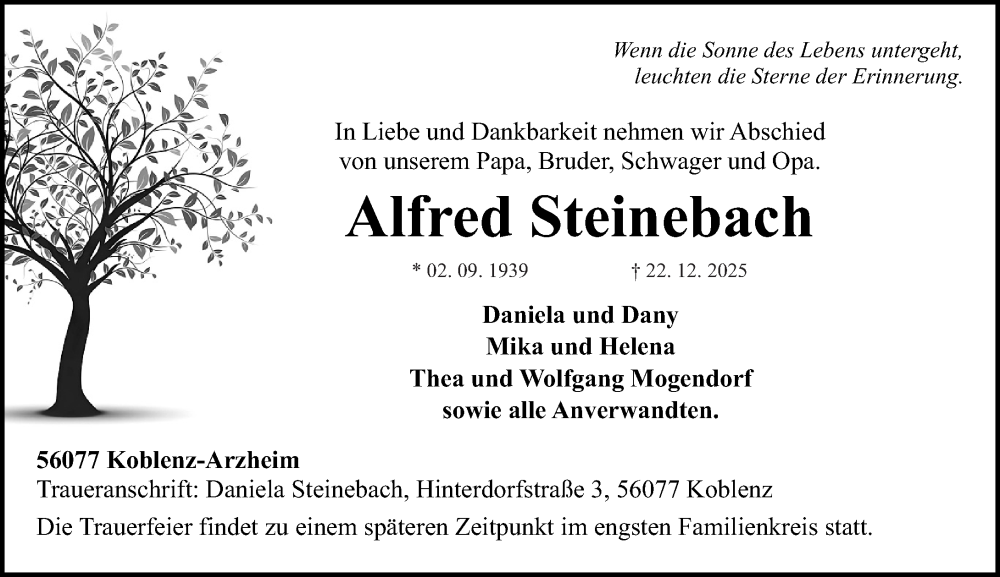  Traueranzeige für Alfred Steinebach vom 03.01.2026 aus Rhein-Zeitung