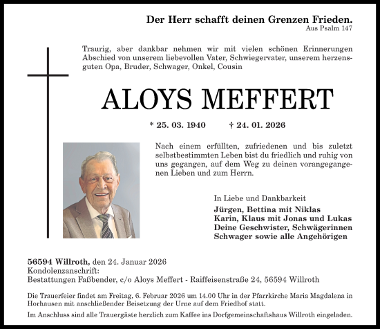 Traueranzeige von Aloys Meffert von Rhein-Zeitung