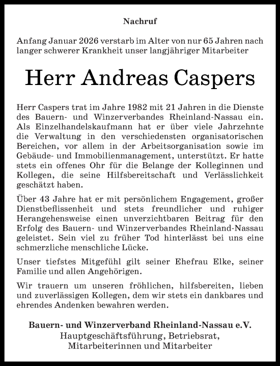 Traueranzeige von Andreas Caspers von Rhein-Hunsrück-Zeitung