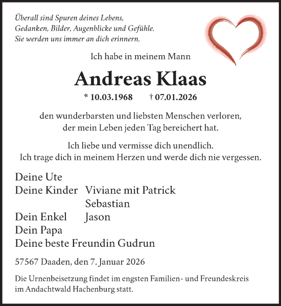 Traueranzeige von Andreas Klaas von Westerwälder Zeitung, Rhein-Zeitung