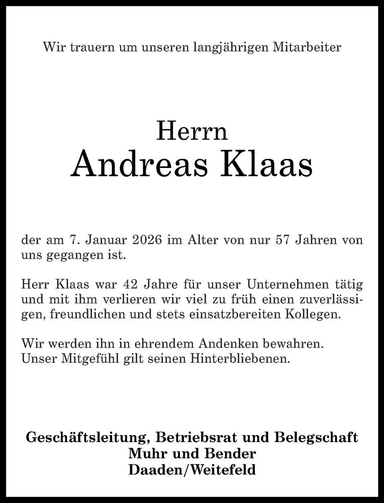  Traueranzeige für Andreas Klaas vom 19.01.2026 aus Westerwälder Zeitung, Rhein-Zeitung
