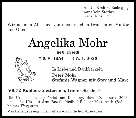 Traueranzeige von Angelika Mohr von Rhein-Zeitung