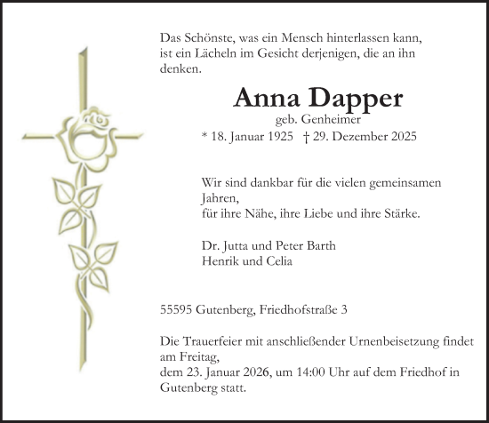 Traueranzeige von Anna Dapper von Oeffentlicher Anzeiger