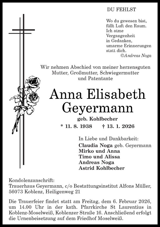 Traueranzeige von Anna Elisabeth Geyermann von Rhein-Zeitung
