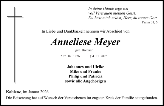 Traueranzeige von Anneliese Meyer von Rhein-Zeitung