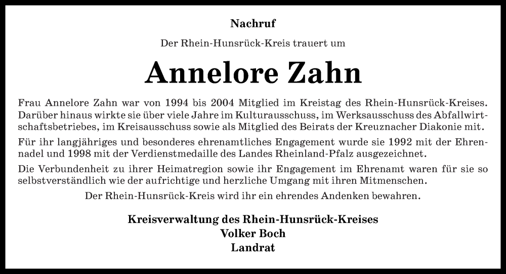  Traueranzeige für Annelore Zahn vom 17.01.2026 aus Rhein-Hunsrück-Zeitung