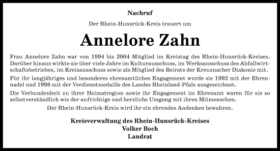 Traueranzeige von Annelore Zahn von Rhein-Hunsrück-Zeitung