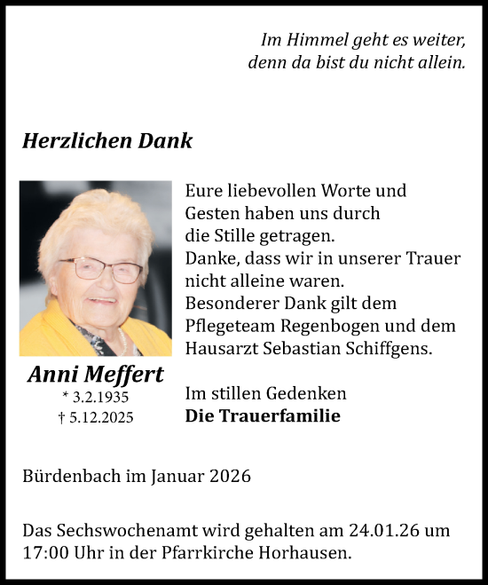 Traueranzeige von Anni Meffert von Rhein-Zeitung