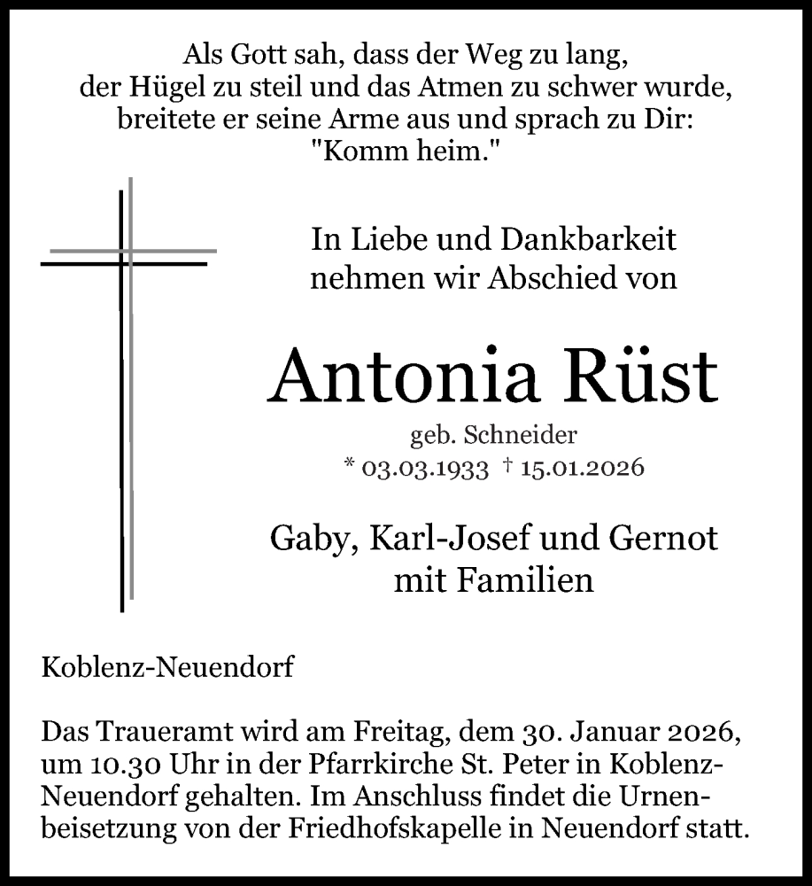  Traueranzeige für Antonia Rüst vom 24.01.2026 aus Rhein-Zeitung