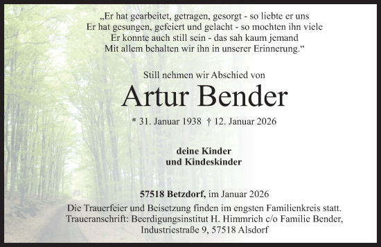 Traueranzeige von Artur Bender von Rhein-Zeitung